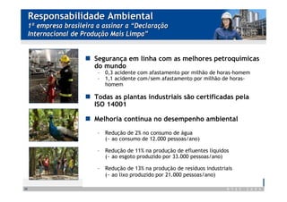 Responsabilidade Ambiental
     1ª empresa brasileira a assinar a “Declaração
     Internacional de Produção Mais Limpa”


                          Segurança em linha com as melhores petroquímicas
                          do mundo
                           –   0,3 acidente com afastamento por milhão de horas-homem
                           –   1,1 acidente com/sem afastamento por milhão de horas-
                               homem

                          Todas as plantas industriais são certificadas pela
                          ISO 14001

                          Melhoria contínua no desempenho ambiental
                           –   Redução de 2% no consumo de água
                               (~ ao consumo de 12.000 pessoas/ano)

                           –   Redução de 11% na produção de efluentes líquidos
                               (~ ao esgoto produzido por 33.000 pessoas/ano)

                           –   Redução de 13% na produção de resíduos industriais
                               (~ ao lixo produzido por 21.000 pessoas/ano)

30
 