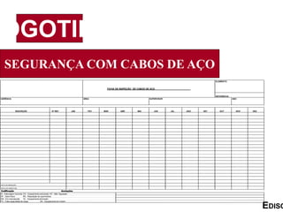 SEGURANÇA COM CABOS DE AÇO
LOGOTIPO
EDISO
FC - Falta capacidade de carga OK - Equipamento em ordem
EI - Estocagem incorreta EX - Equipamento extraviado NT - Não Tagueado
DF - Dano físico RS - Requisição de suprimentos
EM - Em manutenção EL - Equipamento eliminado
Codificação Anotações
DATA DA INSPEÇÃO:
VISTO DO INSPETOR:
AGO SET
ELEMENTO:
REFERÊNCIA:
GERÊNCIA ÁREA SUPERVISOR ANO
DEZ
JAN
DESCRIÇÃO Nº REF.
FICHA DE INSPEÇÃO DE CABOS DE AÇO
FEV MAR ABR MAI JUN JUL OUT NOV
 