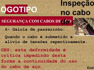 SEGURANÇA COM CABOS DE AÇO
LOGOTIPO
EDISO
Inspeção
no cabo
de aço :
6- Gaiola de passarinho.
Quando o cabo é submetido a
alívio de tensões repentinamente.
OBS: esta deformidade é
crítica impedindo desta
forma a continuidade do uso
do cabo de aço.
 