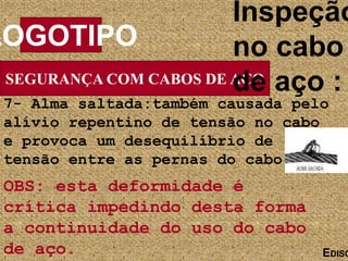 SEGURANÇA COM CABOS DE AÇO
LOGOTIPO
EDISO
Inspeção
no cabo
de aço :
7- Alma saltada:também causada pelo
alívio repentino de tensão no cabo
e provoca um desequilíbrio de
tensão entre as pernas do cabo.
OBS: esta deformidade é
crítica impedindo desta forma
a continuidade do uso do cabo
de aço.
 