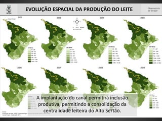 EVOLUÇÃO ESPACIAL DA PRODUÇÃO DO LEITE




   A implantação do canal permitirá inclusão
    produtiva, permitindo a consolidação da
      centralidade leiteira do Alto Sertão.
 
