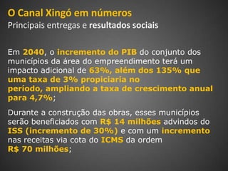 O Canal Xingó em números
Principais entregas e resultados sociais

Em 2040, o incremento do PIB do conjunto dos
municípios da área do empreendimento terá um
impacto adicional de 63%, além dos 135% que
uma taxa de 3% propiciaria no
período, ampliando a taxa de crescimento anual
para 4,7%;
Durante a construção das obras, esses municípios
serão beneficiados com R$ 14 milhões advindos do
ISS (incremento de 30%) e com um incremento
nas receitas via cota do ICMS da ordem
R$ 70 milhões;
 
