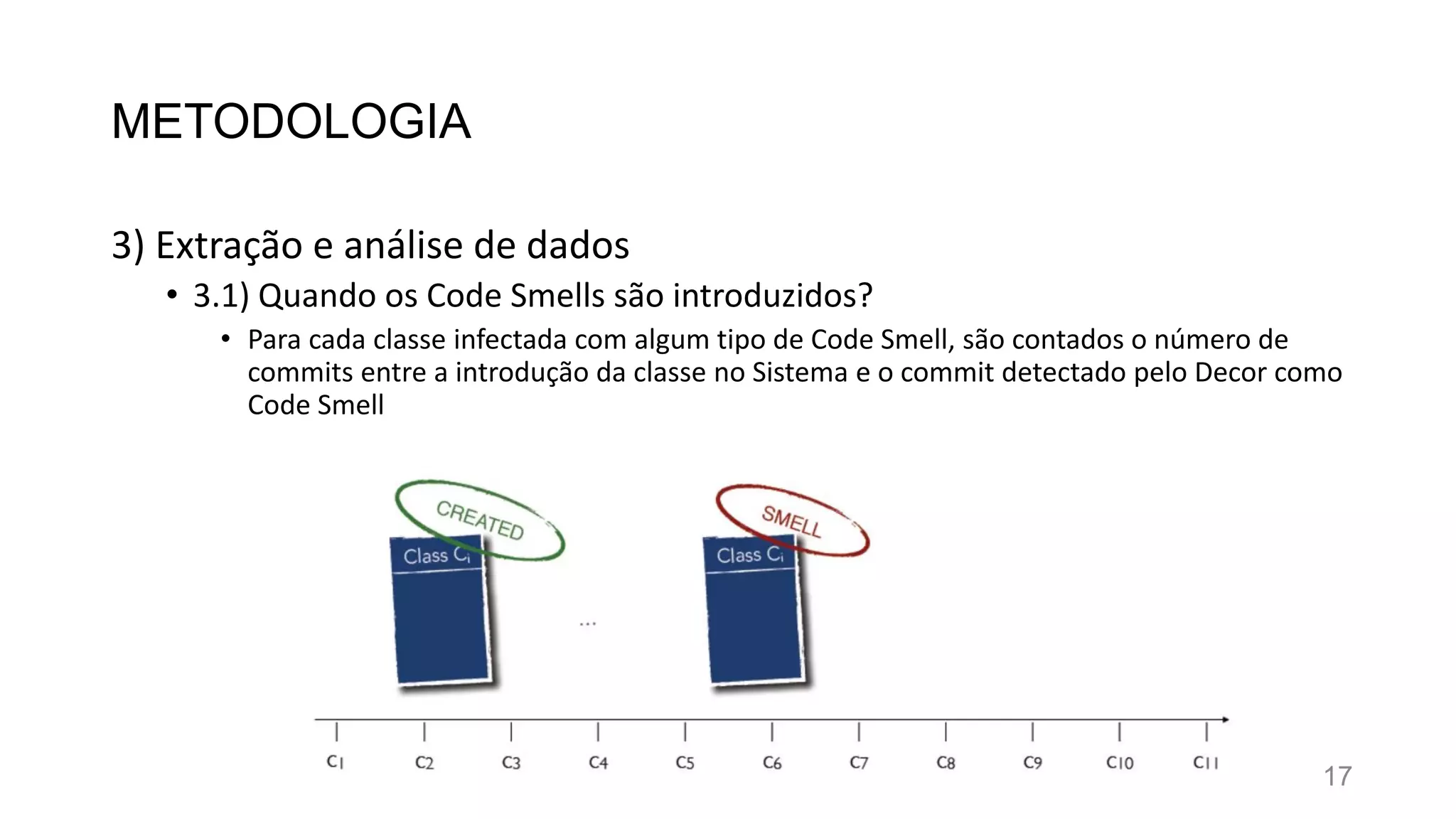 METODOLOGIA
3) Extração e análise de dados
• 3.1) Quando os Code Smells são introduzidos?
• Para cada classe infectada com algum tipo de Code Smell, são contados o número de
commits entre a introdução da classe no Sistema e o commit detectado pelo Decor como
Code Smell
17
 