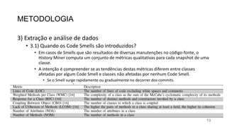 METODOLOGIA
3) Extração e análise de dados
• 3.1) Quando os Code Smells são introduzidos?
• Em casos de Smells que são resultados de diversas manutenções no código-fonte, o
History Miner computa um conjunto de métricas qualitativas para cada snapshot de uma
classe.
• A intenção é compreender se as tendências destas métricas diferem entre classes
afetadas por algum Code Smell e classes não afetadas por nenhum Code Smell.
• Se o Smell surge rapidamente ou gradualmente no decorrer dos commits.
19
 