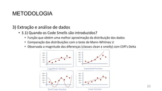 METODOLOGIA
3) Extração e análise de dados
• 3.1) Quando os Code Smells são introduzidos?
• Função que obtém uma melhor aproximação da distribuição dos dados
• Comparação das distribuições com o teste de Mann-Whitney U
• Observada a magnitude das diferenças (classes clean e smelly) com Cliff’s Delta
20
 