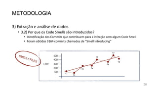 METODOLOGIA
3) Extração e análise de dados
• 3.2) Por que os Code Smells são introduzidos?
• Identificação dos Commits que contribuem para a infecção com algum Code Smell
• Foram obtidos 9164 commits chamados de “Smell Introducing”
26
 