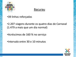 Bacurau

•39 linhas reforçadas

•2.207 viagens durante os quatro dias de Carnaval
(1.479 a mais que um dia normal)

•Acréscimos de 160 % no serviço

•Intervalo entre 30 e 10 minutos
 