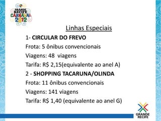 Linhas Especiais
1- CIRCULAR DO FREVO
Frota: 5 ônibus convencionais
Viagens: 48 viagens
Tarifa: R$ 2,15(equivalente ao anel A)
2 - SHOPPING TACARUNA/OLINDA
Frota: 11 ônibus convencionais
Viagens: 141 viagens
Tarifa: R$ 1,40 (equivalente ao anel G)
 