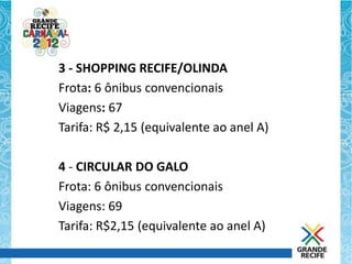 3 - SHOPPING RECIFE/OLINDA
Frota: 6 ônibus convencionais
Viagens: 67
Tarifa: R$ 2,15 (equivalente ao anel A)

4 - CIRCULAR DO GALO
Frota: 6 ônibus convencionais
Viagens: 69
Tarifa: R$2,15 (equivalente ao anel A)
 