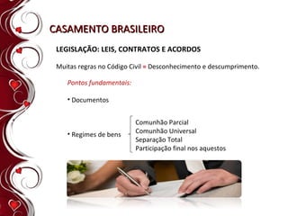 CASAMENTO BRASILEIRO LEGISLAÇÃO: LEIS, CONTRATOS E ACORDOS Muitas regras no Código Civil  =  Desconhecimento e descumprimento. Pontos fundamentais: Documentos Regimes de bens Comunhão Parcial Comunhão Universal Separação Total Participação final nos aquestos  