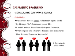 CASAMENTO BRASILEIRO LEGISLAÇÃO: LEIS, CONTRATOS E ACORDOS Curiosidades: O casamento deve ser  sempre  realizado com a porta aberta. Na dúvida do “sim”, é necessário esperar 24h. A mulher pode ter o nome de solteira após o casamento. O homem pode ter o sobrenome da esposa após o casamento. Risco de morte: Casamento Nuncupativo! Contratos de  união estável. 