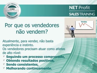 Por que os vendedores
não vendem?
Atualmente, para vender, não basta
experiência e instinto.
Os vendedores precisam atuar como atletas
de alto nível:
Seguindo um processo comprovado,
Obtendo resultados positivos,
Sendo consistentes,
Melhorando continuamente.
Vendas
 