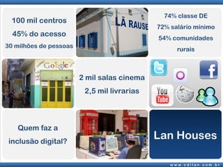 74% classe DE72% salário mínimo54% comunidades rurais100 mil centros45% do acesso30 milhões de pessoas2 mil salas cinema2,5 mil livrariasQuem faz a inclusão digital?Lan Houses