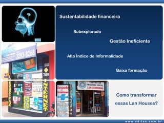 Sustentabilidade financeiraSubexploradoGestão IneficienteAlto Índice de InformalidadeBaixa formaçãoComo transformar essas Lan Houses?