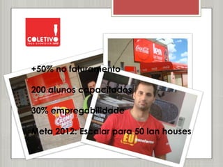 +50% no faturamento

200 alunos capacitados

30% empregabilidade

Meta 2012: Escalar para 50 lan houses
 