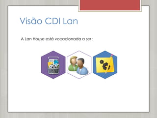 Visão CDI Lan
A Lan House está vocacionada a ser :
 