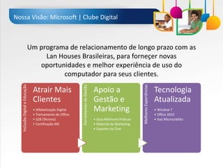 Nossa Visão: Microsoft | Clube Digital



                                 Um programa de relacionamento de longo prazo com as
                                      Lan Houses Brasileiras, para forneçer novas
                                    oportunidades e melhor experiência de uso do
                                           computador para seus clientes.
                                                            Ferramentas de Gestão
   Inclusão Digital e Educação




                                                                                                               Melhores Experiências
                                  Atrair Mais                                       Apoio a                                            Tecnologia
                                  Clientes                                          Gestão e                                           Atualizada
                                  • Alfabetização Digital                           Marketing                                          • Window 7
                                  • Treinamento de Office                                                                              • Office 2010
                                  • S2B (Técnico)                                   • Guia Melhores Práticas                           • Itaú Microcrédito
                                  • Certificação MS                                 • Material de Marketing
                                                                                    • Suporte via Chat
 