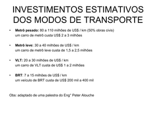 INVESTIMENTOS ESTIMATIVOS
    DOS MODOS DE TRANSPORTE
•   Metrô pesado: 80 a 110 milhões de US$ / km (50% obras civis)
    um carro de metrô custa US$ 2 a 3 milhões

•   Metrô leve: 30 a 40 milhões de US$ / km
    um carro de metrô leve custa de 1,5 a 2,5 milhões

•   VLT: 20 a 30 milhões de US$ / km
    um carro de VLT custa de US$ 1 a 2 milhões

•   BRT: 7 a 15 milhões de US$ / km
    um veículo de BRT custa de US$ 200 mil a 400 mil



Obs: adaptado de uma palestra do Eng° Peter Alouche
 