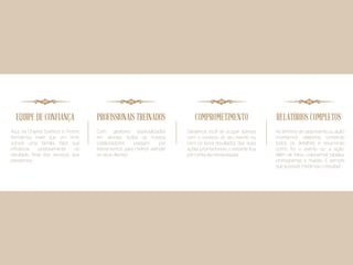 EQUIPE DE CONFIANÇA PROFISSIONAIS TREINADOS COMPROMETIMENTO RELATÓRIOS COMPLETOSS
Aqui na Champ Eventos e Promo
formamos mais que um time,
somos uma família, fator que
influencia positivamente no
resultado final dos serviços que
prestamos.
Com gestores especializados
em vendas, todos os nossos
colaboradores passam por
treinamentos para melhor atender
os seus clientes.
Deixamos você se ocupar apenas
com o sucesso do seu evento ou
com os bons resultados das suas
ações promocionais, o restante fica
por conta da nossa equipe.
Ao termino de cada evento ou ação
montamos relatórios contando
todos os detalhes e resumindo
como foi o evento ou a ação.
Além de fotos, colocamos tabelas,
cronogramas e mapas. E sempre
que possível, medimos o resultado.
 