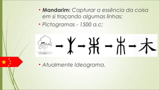 • Mandarim: Capturar a essência da coisa
em si traçando algumas linhas;
• Pictogramas - 1500 a.c;
• Atualmente Ideograma.
 