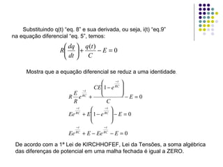 Substituindo q(t) “eq. 8” e sua derivada, ou seja, i(t) “eq.9” na equação diferencial “eq. 5”, temos: Mostra que a equação diferencial se reduz a uma identidade . De acordo com a 1ª Lei de KIRCHHOFEF, Lei da Tensões, a soma algébrica das diferenças de potencial em uma malha fechada é igual a ZERO. 