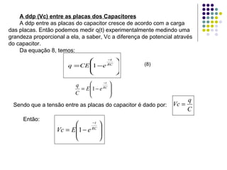 A ddp (Vc) entre as placas dos Capacitores A ddp entre as placas do capacitor cresce de acordo com a carga das placas. Então podemos medir q(t) experimentalmente medindo uma grandeza proporcional a ela, a saber, Vc a diferença de potencial através do capacitor. Da equação 8, temos: (8) Sendo que a tensão entre as placas do capacitor é dado por:  Então:  