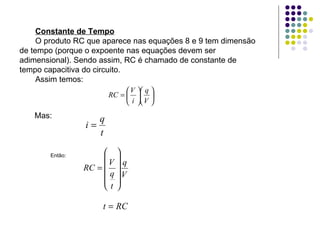 Constante de Tempo O produto RC que aparece nas equações 8 e 9 tem dimensão de tempo (porque o expoente nas equações devem ser adimensional). Sendo assim, RC é chamado de constante de tempo capacitiva do circuito. Assim temos: Mas:  Então:  