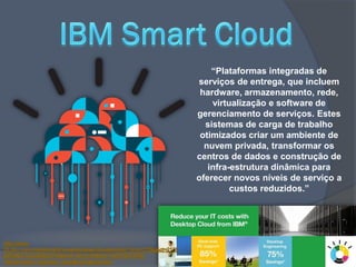 “Plataformas integradas de
serviços de entrega, que incluem
 hardware, armazenamento, rede,
    virtualização e software de
gerenciamento de serviços. Estes
  sistemas de carga de trabalho
 otimizados criar um ambiente de
  nuvem privada, transformar os
centros de dados e construção de
   infra-estrutura dinâmica para
oferecer novos níveis de serviço a
         custos reduzidos.”
 