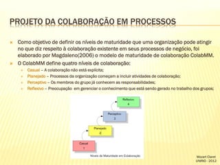 PROJETO DA COLABORAÇÃO EM PROCESSOS




Como objetivo de definir os níveis de maturidade que uma organização pode atingir
no que diz respeito à colaboração existente em seus processos de negócio, foi
elaborado por Magdaleno(2006) o modelo de maturidade de colaboração ColabMM.
O ColabMM define quatro níveis de colaboração:






Casual – A colaboração não está explícita;
Planejado – Processos da organização começam a incluir atividades de colaboração;
Perceptivo – Os membros do grupo já conhecem as responsabilidades;
Reflexivo – Preocupação em gerenciar o conhecimento que está sendo gerado no trabalho dos grupos;

Mozart Claret
UNIRIO - 2012

 