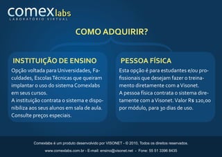 L A B O R AT Ó R I O    V I R T U A L



                                        COMO ADQUIRIR?


 INSTITUIÇÃO DE ENSINO                                          PESSOA FÍSICA
Opção voltada para Universidades, Fa-                          Esta opção é para estudantes e/ou pro-
culdades, Escolas Técnicas que queiram                         ﬁssionais que desejam fazer o treina-
implantar o uso do sistema Comexlabs                           mento diretamente com a Visonet.
em seus cursos.                                                A pessoa física contrata o sistema dire-
A instituição contrata o sistema e dispo-                      tamente com a Visonet. Valor R$ 120,00
nibiliza aos seus alunos em sala de aula.                      por módulo, para 30 dias de uso.
Consulte preços especiais.



              Comexlabs é um produto desenvolvido por VISONET - © 2010, Todos os direitos reservados.

                       www.comexlabs.com.br - E-mail: ensino@visonet.net - Fone: 55 51 3396 8435
 