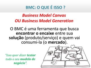BMC: O QUE É ISSO ?
          Business Model Canvas
       OU Business Model Generation
   O BMC é uma ferramenta que busca
      encontrar o encaixe entre sua
  solução (produto/serviço) e quem vai
        consumi-la (o mercado).

“Isso quer dizer testar
todo o seu modelo de
       negócio”.
 
