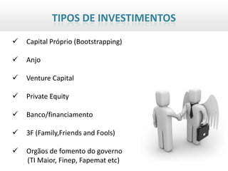 TIPOS DE INVESTIMENTOS
   Capital Próprio (Bootstrapping)

   Anjo

   Venture Capital

   Private Equity

   Banco/financiamento

   3F (Family,Friends and Fools)

   Orgãos de fomento do governo
    (TI Maior, Finep, Fapemat etc)
 