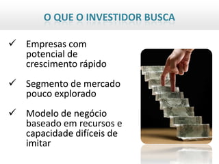 O QUE O INVESTIDOR BUSCA

 Empresas com
  potencial de
  crescimento rápido
 Segmento de mercado
  pouco explorado
 Modelo de negócio
  baseado em recursos e
  capacidade difíceis de
  imitar
 