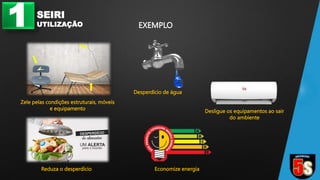 1 SEIRI
UTILIZAÇÃO EXEMPLO
Desperdício de água
Desligue os equipamentos ao sair
do ambiente
Economize energia
Reduza o desperdício
Zele pelas condições estruturais, móveis
e equipamento
 
