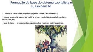 Formação da base do sistema capitalista e
sua expansão
- Tendência à mecanização (participação de capital fixo constante);
- contra-tendência (custos de matéria-prima – participação capital constante
em circulação);
- taxa de lucro inversamente proporcional ao valor das matérias-primas.
→
 
