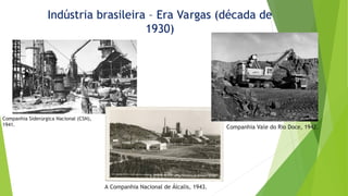 Indústria brasileira – Era Vargas (década de
1930)
Companhia Siderúrgica Nacional (CSN),
1941.
Companhia Vale do Rio Doce, 1942.
A Companhia Nacional de Álcalis, 1943.
 