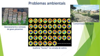 Problemas ambientais
Desmatamento e emissão
de gases poluentes
Ausência “buraco” na camada de ozônio
Contaminação das águas
 