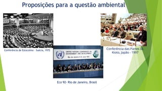 Proposições para a questão ambiental
Conferência de Estocolmo – Suécia, 1972
Eco 92- Rio de Janeiro, Brasil
Conferência das Partes III.
Kioto, Japão - 1997
 