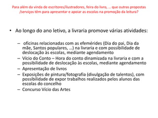 Para além da vinda de escritores/ilustradores, feira do livro, … que outras propostas
     /serviços têm para apresentar e apoiar as escolas na promoção da leitura?



• Ao longo do ano letivo, a livraria promove várias atividades:

    – oficinas relacionadas com as efemérides (Dia do pai, Dia da
      mãe, Santos populares, …) na livraria e com possibilidade de
      deslocação às escolas, mediante agendamento
    – Vício do Conto – Hora do conto dinamizada na livraria e com a
      possibilidade de deslocação às escolas, mediante agendamento
    – Apresentação de livros
    – Exposições de pintura/fotografia (divulgação de talentos), com
      possibilidade de expor trabalhos realizados pelos alunos das
      escolas do concelho
    – Concurso Vício das Artes
 