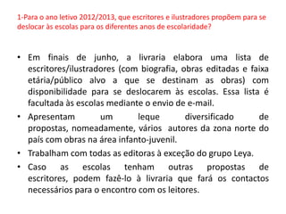1-Para o ano letivo 2012/2013, que escritores e ilustradores propõem para se
deslocar às escolas para os diferentes anos de escolaridade?


• Em finais de junho, a livraria elabora uma lista de
  escritores/ilustradores (com biografia, obras editadas e faixa
  etária/público alvo a que se destinam as obras) com
  disponibilidade para se deslocarem às escolas. Essa lista é
  facultada às escolas mediante o envio de e-mail.
• Apresentam         um       leque        diversificado     de
  propostas, nomeadamente, vários autores da zona norte do
  país com obras na área infanto-juvenil.
• Trabalham com todas as editoras à exceção do grupo Leya.
• Caso as escolas tenham outras propostas de
  escritores, podem fazê-lo à livraria que fará os contactos
  necessários para o encontro com os leitores.
 