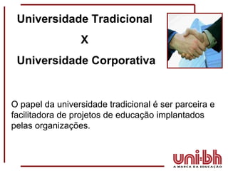 O papel da universidade tradicional é ser parceira e facilitadora de projetos de educação implantados  pelas organizações. Universidade Tradicional  X  Universidade Corporativa 