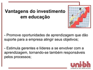 Vantagens do investimento em educação - Promove oportunidades de aprendizagem que dão suporte para a empresa atingir seus objetivos; - Estimula gerentes e líderes a se envolver com a aprendizagem, tornando-se também responsáveis pelos processos; 
