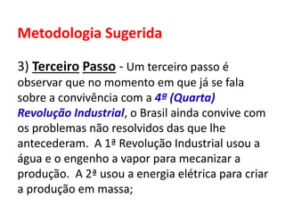 Metodologia Sugerida
3) Terceiro Passo - Um terceiro passo é
observar que no momento em que já se fala
sobre a convivência com a 4ª (Quarta)
Revolução Industrial, o Brasil ainda convive com
os problemas não resolvidos das que lhe
antecederam. A 1ª Revolução Industrial usou a
água e o engenho a vapor para mecanizar a
produção. A 2ª usou a energia elétrica para criar
a produção em massa;
 