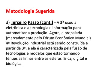 Metodologia Sugerida
3) Terceiro Passo (cont.) - A 3ª usou a
eletrônica e a tecnologia e informação para
automatizar a produção. Agora, a propalada
(marcadamente pelo Fórum Econômico Mundial)
4ª Revolução Industrial está sendo construída a
partir da 3ª, e ela é caracterizada pela fusão de
tecnologias e modelos que estão tornando
tênues as linhas entre as esferas física, digital e
biológica.
 