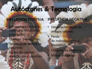 Autóctones & Tecnologia
INFLUÊNCIA POSITIVA        INFLUÊNCIA NEGATIVA
• Aproximação entre os     • Descaracterização de
  índios e o restante da     antigos valores;
  população;
                           • Perda
• Quebrar paradigmas;        do individualismo e
• Tentativa de defesa na     identidade;
  natureza;
                           • Chegada da violência;
• Forma de chamar
  atenção para questões    • Milícia indígena.
  ambientais.
 