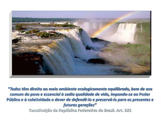 “Todos têm direito ao meio ambiente ecologicamente equilibrado, bem de uso
  comum do povo e essencial à sadia qualidade de vida, impondo-se ao Poder
Público e à coletividade o dever de defendê-lo e preservá-lo para as presentes e
                               futuras gerações”
             Constituição da República Federativa do Brasil. Art. 225
 