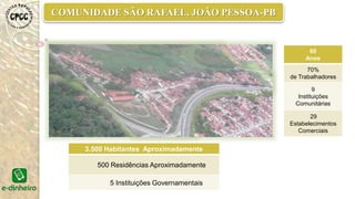 1
1
1
*São José (Beira Rio)
*São Rafael (Jardim Botânico)
* Muçumagro (Muçubank)
BANCOS COMUNITÁRIOS
PERSPECTIVAS PARA JOÃO PESSOABANCOS COMUNITÁRIOS
PERSPECTIVAS PARA JOÃO PESSOA
 