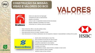 CONSTRUÇÃO DA MISSÃO,
VISÃO E VALORES DO BCD
• Cliente como razão de ser da Organização
• Transparência em todos os relacionamentos
• Respeito à concorrência
• Crença no valor e na capacidade de desenvolvimento das pessoas
• Respeito à dignidade e diversidade do ser humano
• Compromisso com a melhoria contínua de qualidade
• Nossa conduta deve refletir os mais altos padrões de ética;
• Nossa comunicação deve ser clara e precisa;
• Nosso gerenciamento deve ser em equipe, consistente e focado;
• Nosso relacionamento com clientes e colaboradores deve ser transparente e baseado na responsabilidade e confiança entre as partes.
• Espírito público (transformação do nosso País).
• Ética (consciência do justo para nós e para os outros).
• Potencial humano (capacidade de superar e ir além).
• Competência (capacidade de vencer desafios).
• Eficiência (busca pela melhor forma de fazer as coisas).
• Unicidade (um em todos).
• Sustentabilidade (resultado, desenvolvimento e proteção do nosso mundo).
• Inovação (transformar ideias em soluções).
• Agilidade (vontade de fazer acontecer).
 