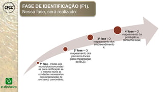 1ª fase - Visitas aos
municípios/comunidad
es para certificação se
o mesmo reúne as
condições necessárias
para organização de
um banco comunitário;
2ª fase – O
mapeamento dos
parceiros locais
para implantação
do BCD;
3ª fase - O
mapeamento dos
empreendimento
s;
4ª fase – O
mapeamento da
produção e
consumo local;
FASE DE IDENTIFICAÇÃO (F1).
Nessa fase, será realizado:
 