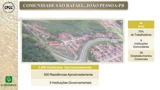 60
Anos
70%
de Trabalhadores
9
Instituições
Comunitárias
29
Estabelecimentos
Comerciais
3.500 Habitantes Aproximadamente
500 Residências Aproximadamente
5 Instituições Governamentais
COMUNIDADE SÃO RAFAEL, JOÃO PESSOA-PB
 